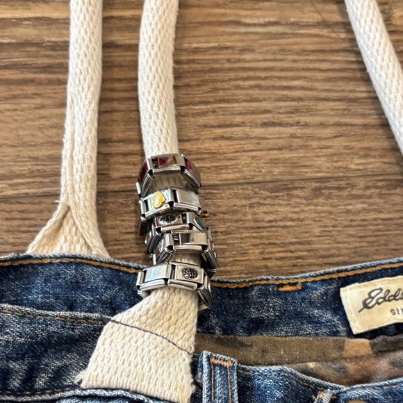 Upcycled Denim Tote Bag with White Straps using Eddie Bauer Jeans - Picture 3 of 10